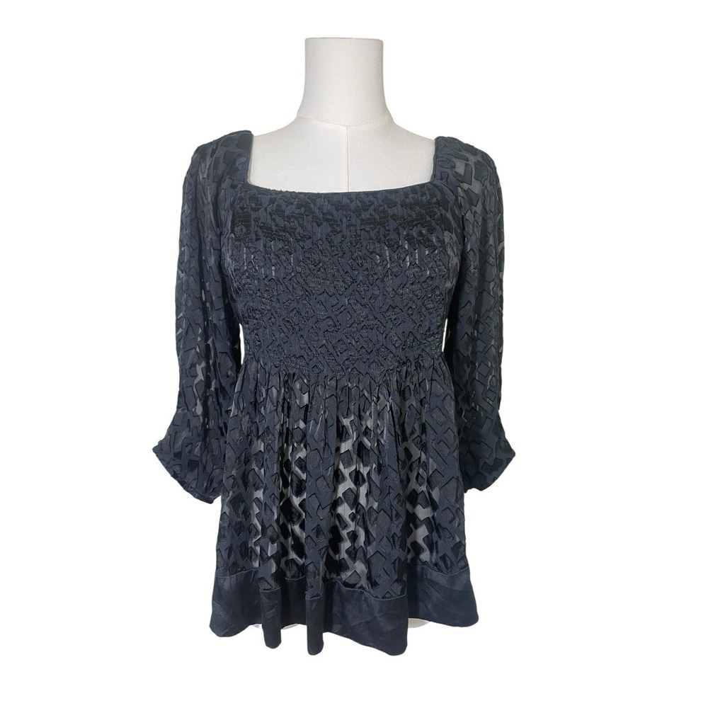 VTG Whimsigoth Babydoll Back Tie Top 12 Sheer Satin Square Neck High Low Y2K‎